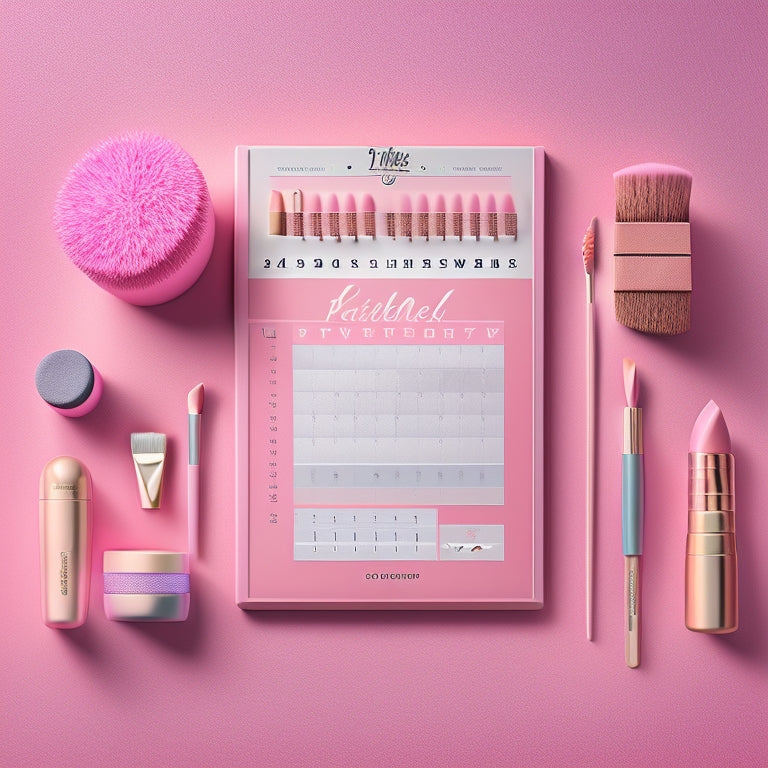 A colorful, clutter-free digital calendar with stylized makeup brushes and cosmetic tools scattered around, blending seamlessly with scheduling icons and time slots, set against a soft, pastel pink background.