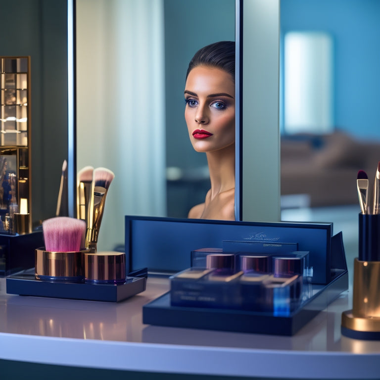 A sleek, modern makeup station with a neatly organized array of brushes, palettes, and products, with a clock and timer in the background, surrounded by gentle, blurred-out beauty models.