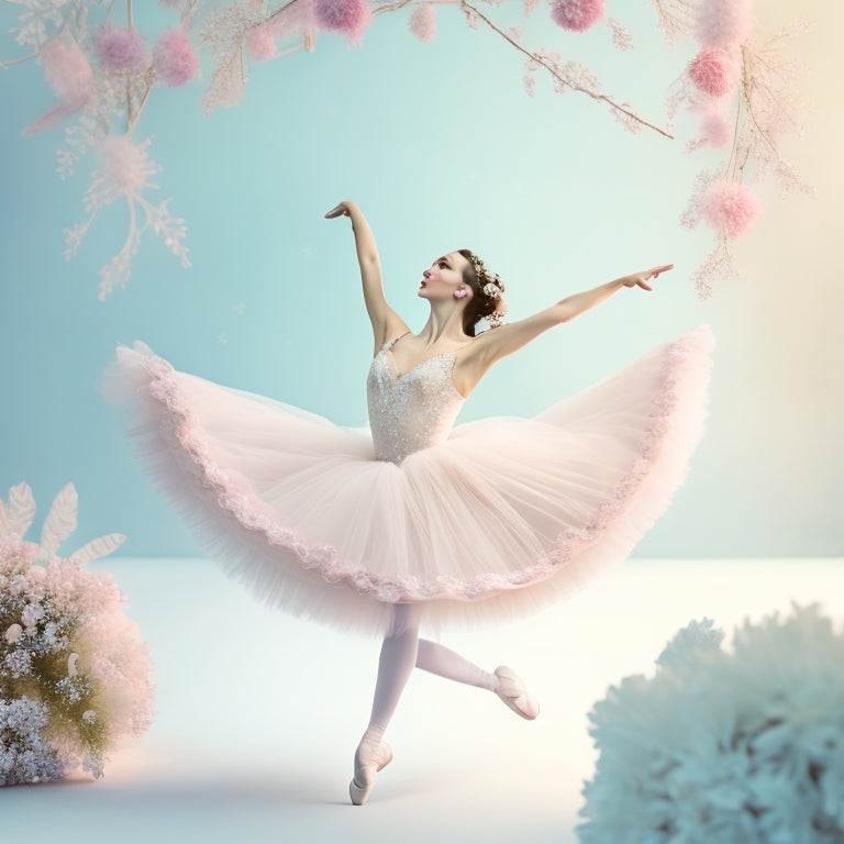 A soft, whimsical illustration of a ballerina in a flowing, pastel-hued tutu, surrounded by minimalist Scandinavian-inspired floral patterns and subtle, snowflake-like accents on a creamy white background.