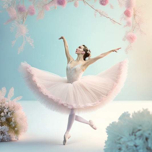 A soft, whimsical illustration of a ballerina in a flowing, pastel-hued tutu, surrounded by minimalist Scandinavian-inspired floral patterns and subtle, snowflake-like accents on a creamy white background.