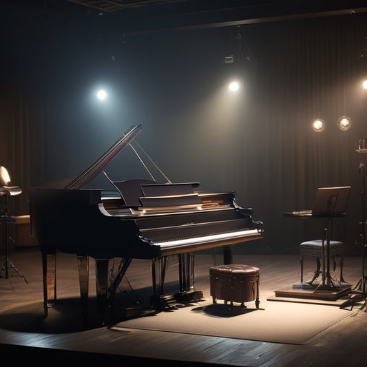 A dimly lit theater stage with a grand piano, spotlight shining down, surrounded by scattered music sheets, headphones, and a laptop with a mixing board interface on the screen.