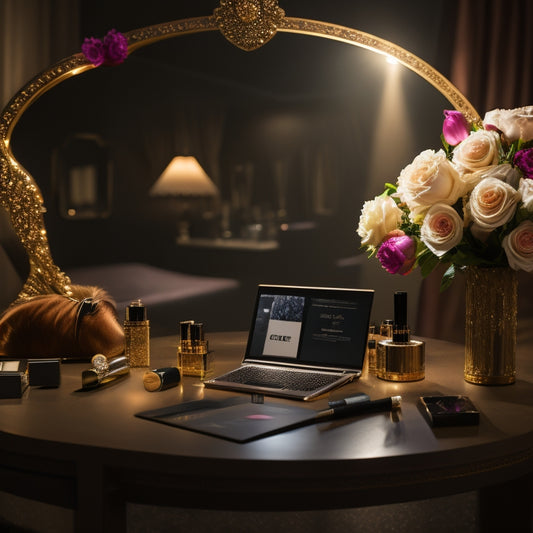 A dimly lit, glamorous makeup station with a mirror, cosmetics, and a laptop displaying a dance makeup tutorial, surrounded by spotlights, flowers, and a dancer's pointe shoes.