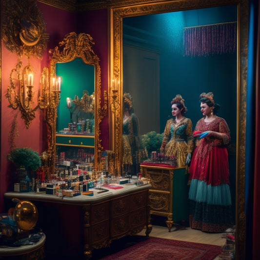 A dimly lit, ornate theater dressing room with a vanity mirror, surrounded by makeup brushes, palettes, and prosthetic pieces, featuring a partially transformed model with bold, colorful designs.