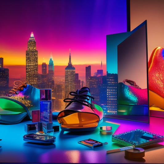 A colorful, abstract background with a dance-inspired makeup palette, brushes, and a mirror, surrounded by miniature dance shoes, spotlights, and a subtle cityscape at dusk.