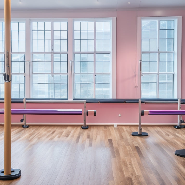 A bright, spacious fitness studio featuring various adjustable barres in sleek designs, ranging from beginner to advanced levels. Include diverse individuals practicing ballet and workout routines, showcasing versatility and inclusivity in fitness.