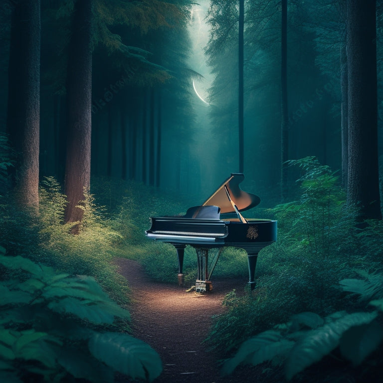 A serene, moonlit forest glade with a grand piano at its center, surrounded by lush greenery, vines, and softly glowing fireflies, evoking a sense of enchantment and musical reverie.