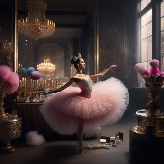 A glamorous, spotlight-lit dancer in a flowing tutu, surrounded by scattered makeup brushes, palettes, and mirrors, with a subtle cityscape or theater background, conveying a sense of elegance and creativity.