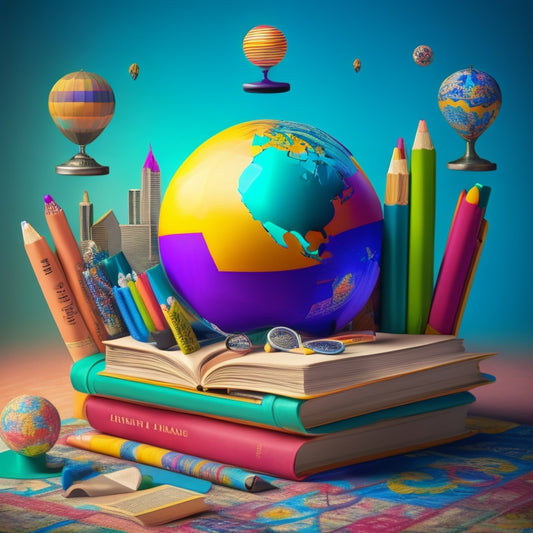 A colorful, whimsical illustration of a globe surrounded by swirling papers, pencils, and crayons, with a subtle background of bookshelves and learning-themed icons, evoking a sense of discovery and creativity.