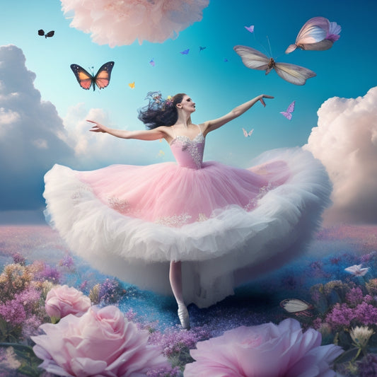 A whimsical illustration of a ballerina surrounded by swirling clouds of pastel colors, with delicate flowers and butterflies dancing around her, amidst a soft, gradient blue background.