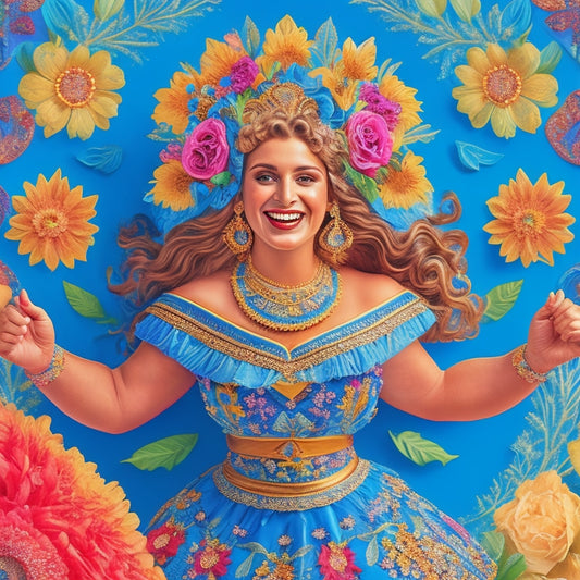 A whimsical illustration featuring a smiling Greek dancing queen surrounded by colorful, swirling patterns of traditional Greek clothing, flowers, and laurel wreaths, set against a bright blue background.