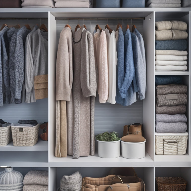 A cozy, organized closet featuring neatly folded sweaters, hanging dresses, color-coordinated shirts, and labeled storage bins, with soft lighting highlighting a minimalist aesthetic and inviting textures for optimal garment care.