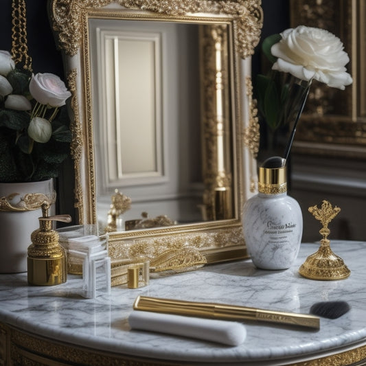 A elegant, marble-topped vanity with a ornate, gold-framed mirror, surrounded by an assortment of luxurious makeup products, brushes, and tools, with a few strategically placed, delicate flowers.