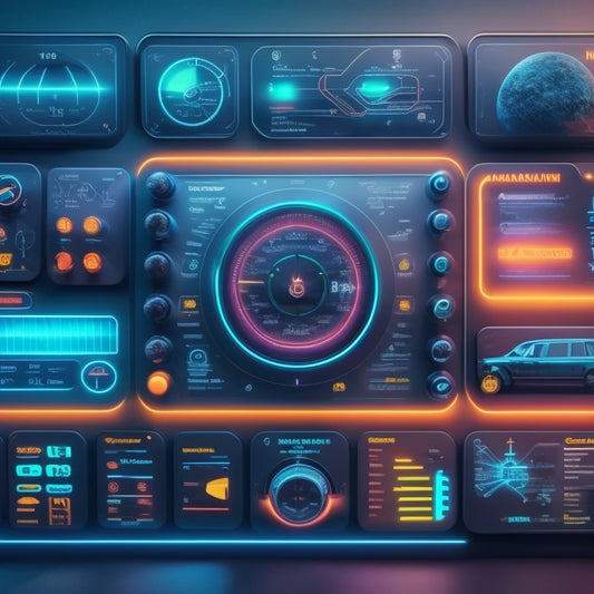 A futuristic dashboard with five distinct sections, each containing a unique digital marketing element: a magnifying glass, a rocket ship, a puzzle piece, a target, and a chart, surrounded by glowing neon lines and subtle circuitry patterns.
