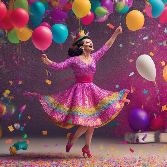 A whimsical illustration of a person dancing in a flowing, colorful outfit, surrounded by swirling journal pages and pens, with confetti and balloons in the background, conveying joy and celebration.