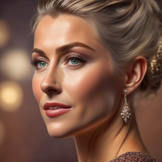 A glamorous, close-up portrait of Julianne Hough's elegant, swept-back, braided updo, adorned with subtle, sparkling hairpins, set against a dark, velvet-like background, with soft, golden lighting.