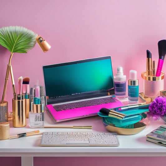 A colorful, clutter-free makeup station with neatly arranged dance makeup products, brushes, and tools, surrounded by a laptop and notebooks, with a subtle dance-themed background.