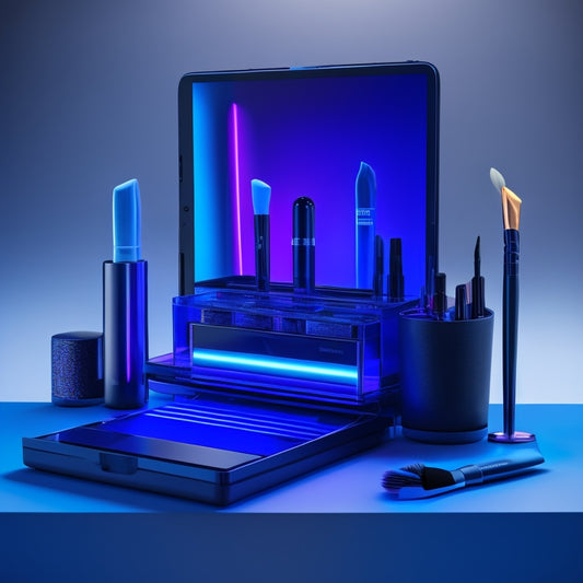 A futuristic, sleek makeup station with a tablet, smartphone, and laptop surrounded by makeup brushes, palettes, and mirrors, set against a dark, gradient blue background with neon accents.