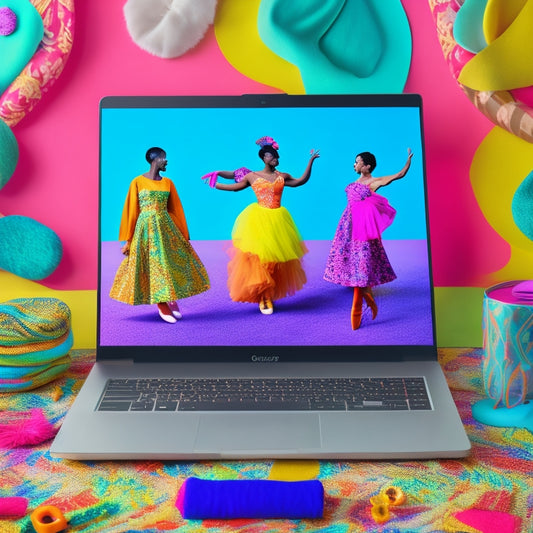 A vibrant illustration of a laptop surrounded by dancing silhouettes, ballet shoes, and colorful fabrics, with Etsy-inspired patterns and shapes integrated into the background.