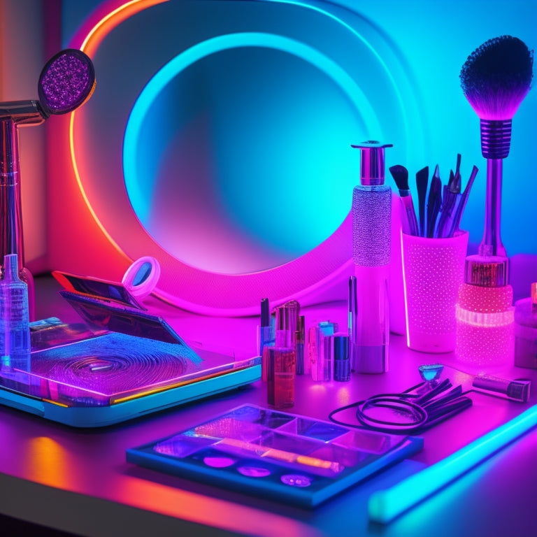 A futuristic, neon-lit vanity with a makeup artist's tools and gadgets surrounded by swirling, shimmering digital patterns, with a subtle glow of a smartphone screen in the background.