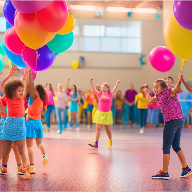 A vibrant, sunlit gymnasium filled with diverse students of all ages, laughing and dancing in unison, performing a lively line dance, surrounded by colorful balloons and streamers.