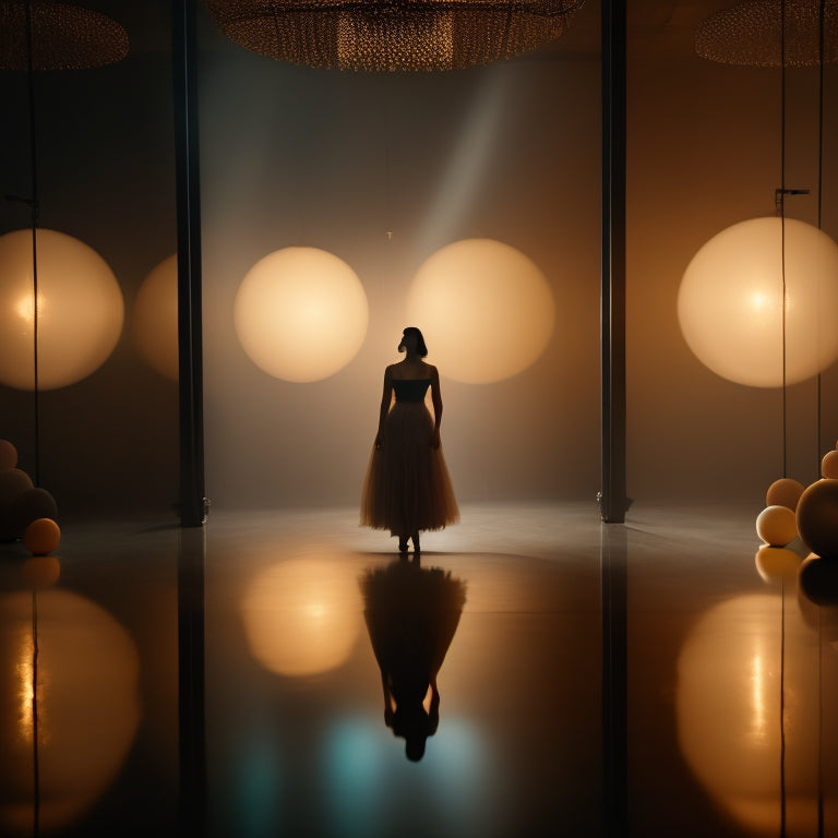 A dimly lit, misty room filled with suspended, glowing orbs that react to movement, surrounded by mirrors and dark, flowing fabrics, with a lone dancer's silhouette in the center.