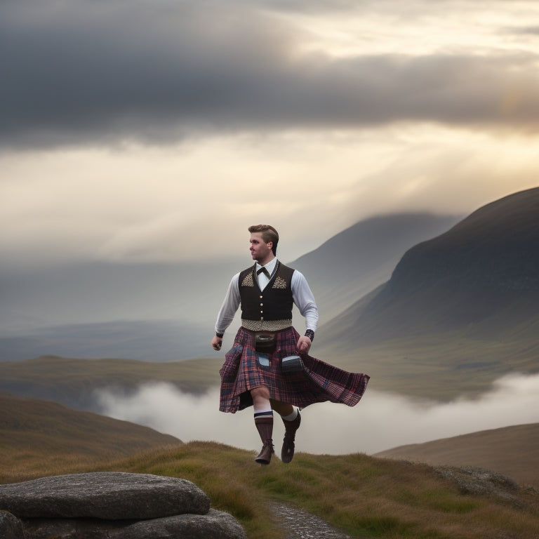 A traditional Scottish Highland dancer in mid-step, wearing a flowing white shirt, tartan waistcoat, and a flowing kilt with pleats, set against a misty, rugged Highland mountain landscape.