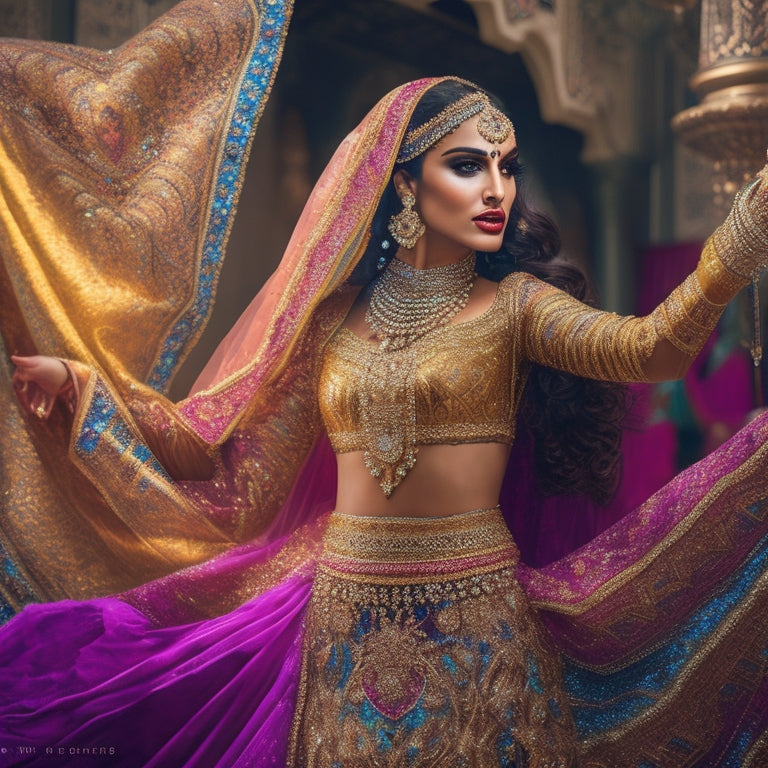 A vibrant, ornate Middle Eastern-inspired background with intricate patterns and golden accents, featuring a beautiful, empowered woman in a flowing, bejeweled costume, dancing with expressive arms and flowing veils.