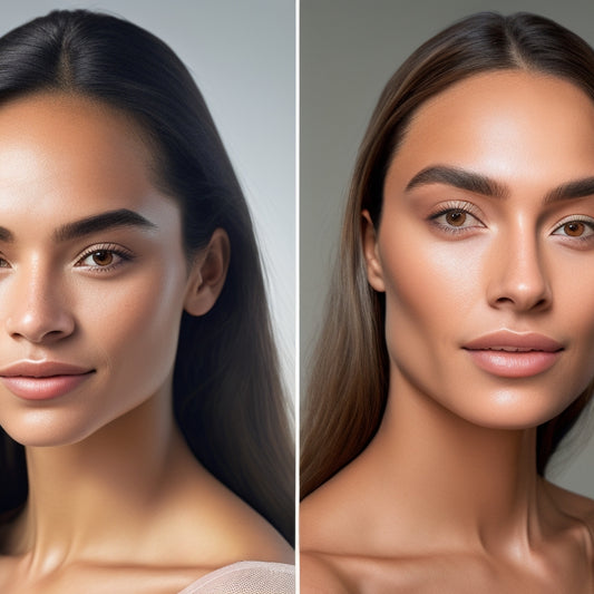 A split-screen image featuring a before-and-after transformation: a woman's bare face on the left, with uneven skin tone and sparse brows, and the same woman on the right, with flawless, airbrushed skin and bold, arched eyebrows.
