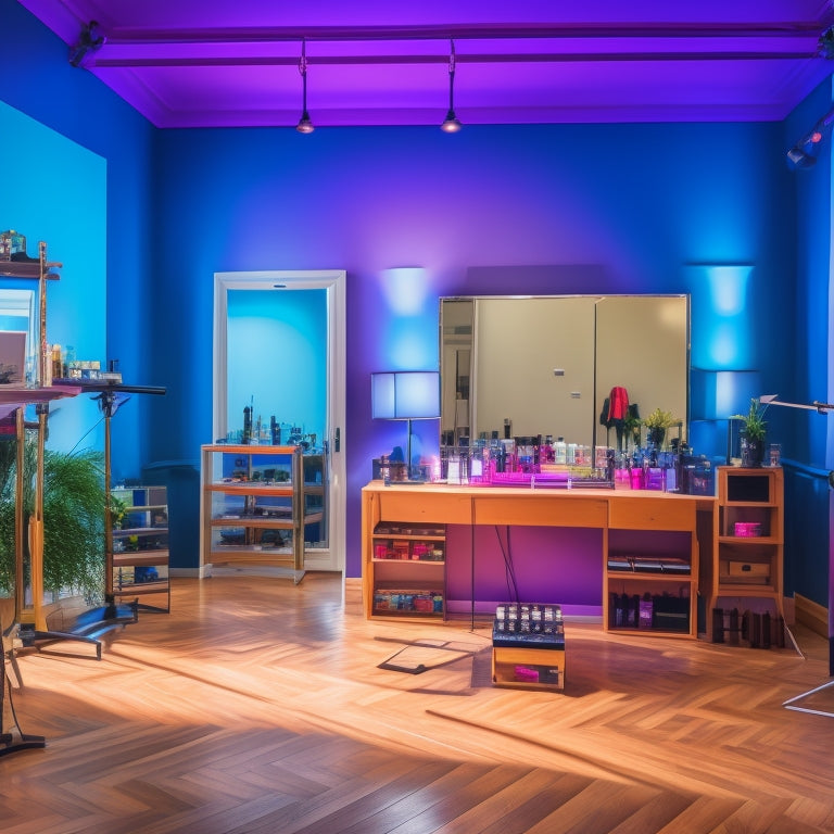 A vibrant, well-lit dance studio with a large mirror, ballet barre, and wooden floors. A laptop and makeup station with brushes, palettes, and products are set up in front of the mirror.