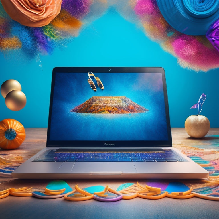 A vibrant illustration of a laptop open to an online course platform, surrounded by dance-inspired elements: pointe shoes, dance floors, music notes, and a ballet barre, all intertwined with colorful swirling patterns.