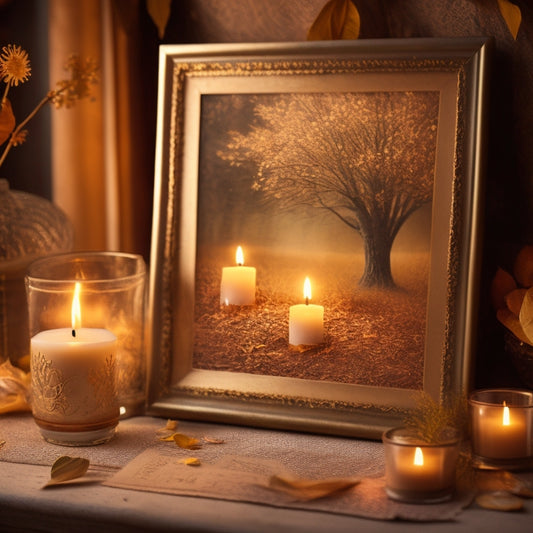 A warm, golden-lit background with a distressed, vintage-inspired frame, holding a delicate, hand-drawn illustration of intertwined trees, surrounded by scattered, fallen petals and a few, strategically-placed, soft, glowing candles.