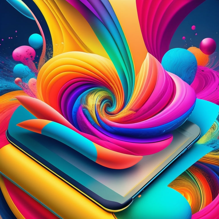 A vibrant, abstract illustration featuring swirling shapes and colors, with a stylized digital tablet and stylus at the center, surrounded by bursts of creative energy and inspiration.