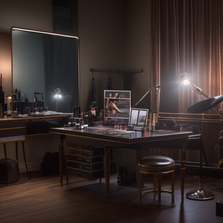 A glamorous, spot-lit dance studio with a vanity in the corner, surrounded by makeup brushes, palettes, and mirrors, reflecting a dancer's made-up face, with a laptop open in the foreground.