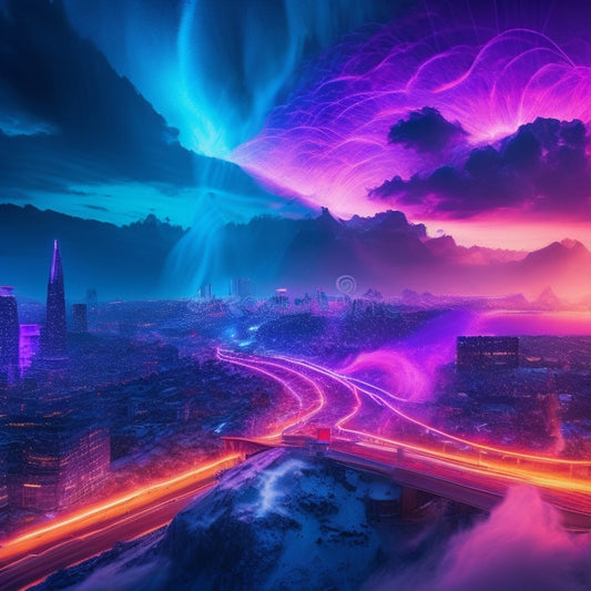 A futuristic, neon-lit cityscape with glowing fiber optic cables crisscrossing the sky, surrounded by swirling clouds of 1s and 0s, with a massive, shimmering digital wave crashing in the foreground.