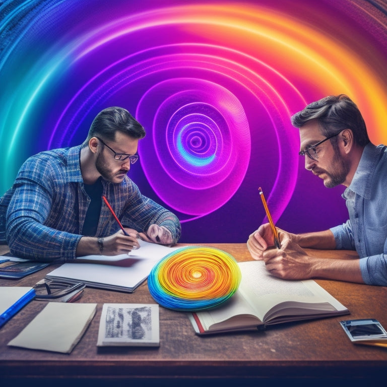 An illustration of two figures, one with a pencil and sketchbook, the other with a laptop and coding symbols surrounding them, connected by a swirling vortex of colorful shapes and lines.