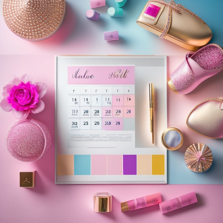 A colorful illustration featuring a makeup artist's kit, dance shoes, and a calendar or planner in the background, with a subtle sparkle effect and soft, pastel colors.