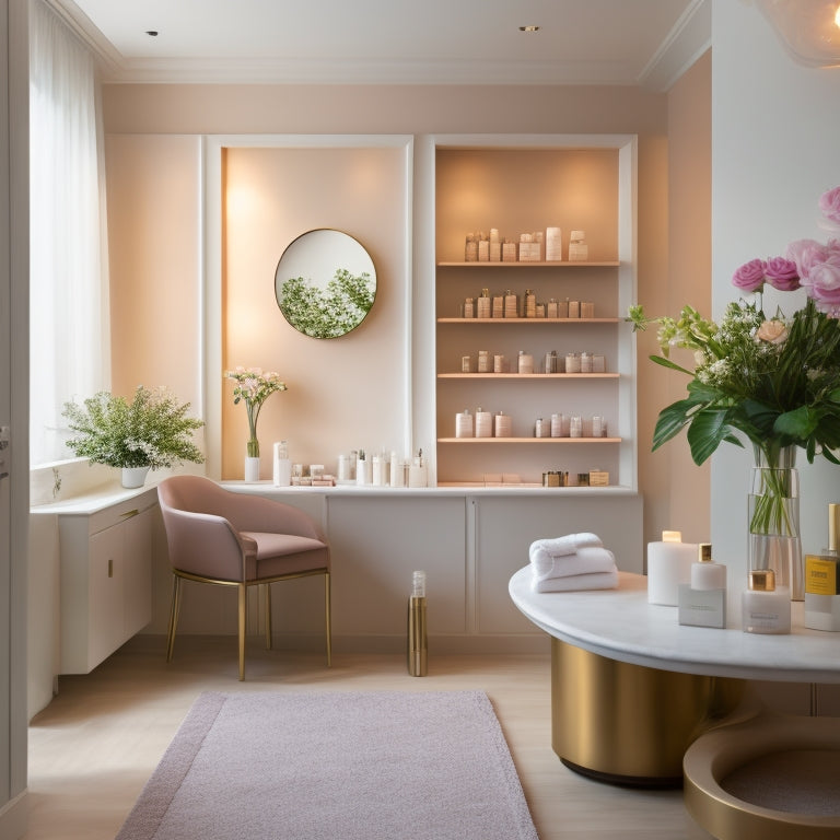 A serene, elegantly-lit beauty salon interior with a minimalist aesthetic, featuring a plush massage table, a glass shelves stocked with luxurious skincare products, and a few tasteful flower arrangements.