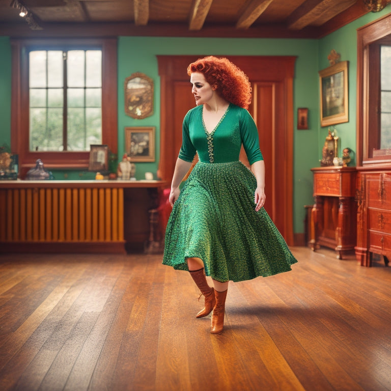 A lively illustration of a young woman in a flowing green dress, her curly red hair tied back, performing a high-energy Irish step dance on a wooden floor, surrounded by faint Celtic knot patterns.