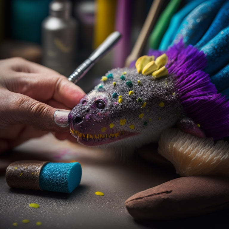 A close-up of a makeup artist's hands holding a prosthetic piece, surrounded by paint-splattered brushes, sponges, and a half-finished creature design on a model's face in the background.