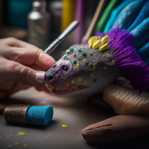 A close-up of a makeup artist's hands holding a prosthetic piece, surrounded by paint-splattered brushes, sponges, and a half-finished creature design on a model's face in the background.