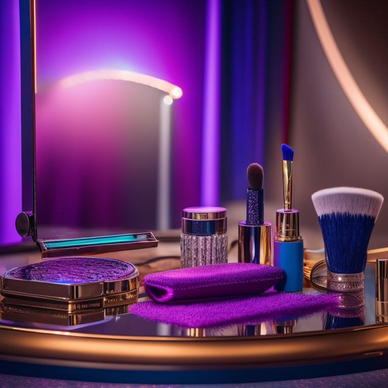 A close-up shot of a dancer's makeup station, featuring a mirrored compact, a variety of bold eyeshadows, a few makeup brushes, and a miniature fan to keep performers cool under hot stage lights.