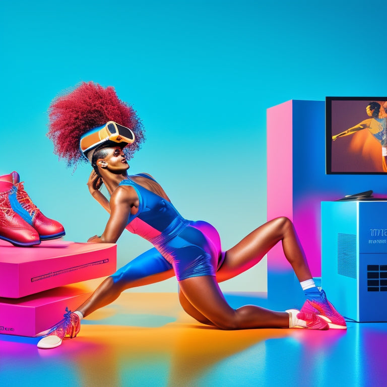 A vibrant illustration of a dancer in front of a laptop, surrounded by dance shoes and virtual reality goggles, with a calendar and clock in the background, all set against a bright, gradient blue background.