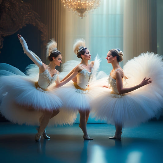 A serene, dreamlike scene: three ballet dancers in tutus, frozen in motion, surrounded by soft, feathery white peacock feathers, against a creamy, off-white background, with gentle, golden lighting.