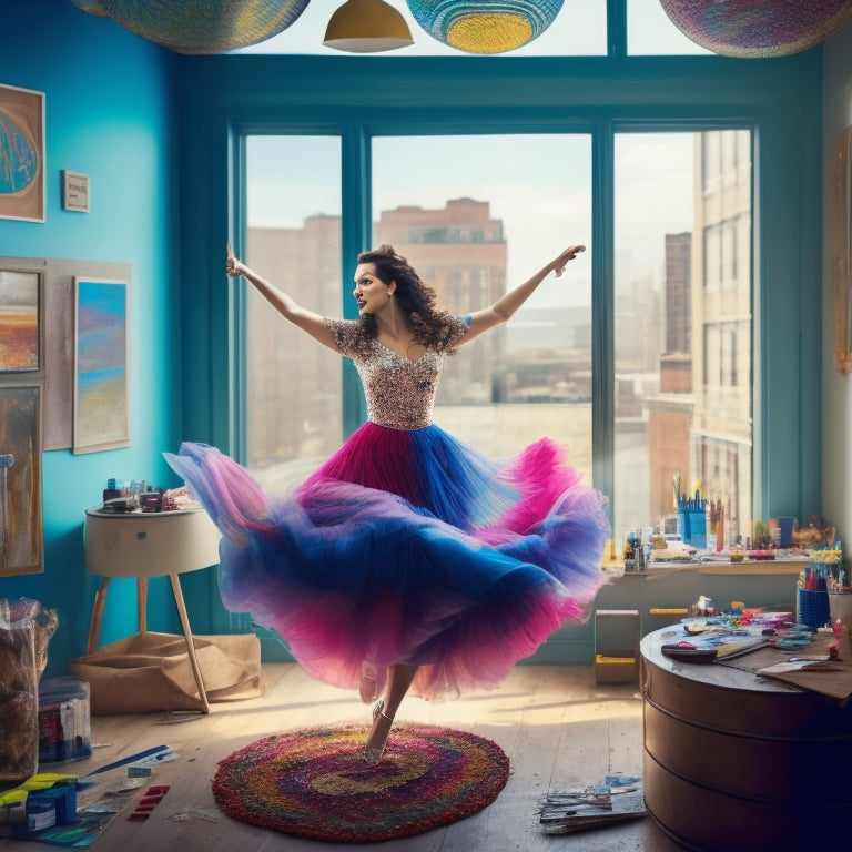 A whimsical illustration of a woman surrounded by swirling colors, dancing freely in a studio filled with art supplies, paintbrushes, and scattered sheets of music, with a subtle cityscape visible through the window.