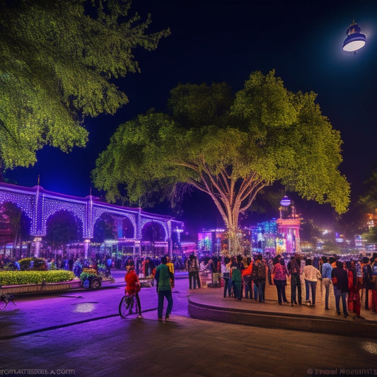 A vibrant, nighttime scene of Connaught Place in Delhi, with colorful lights and lanterns suspended from trees, surrounded by people of all ages, mesmerized by interactive art installations.