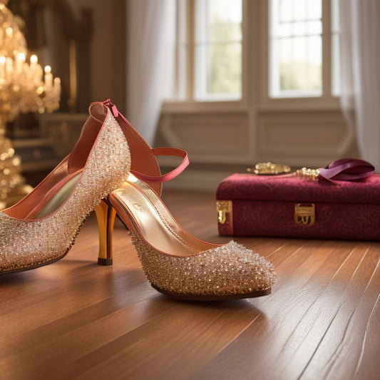A stylish display of elegant ballroom dance shoes for women, featuring shimmering satin and glittering embellishments, arranged on a polished wooden floor surrounded by soft, warm lighting and flowing fabric drapes.