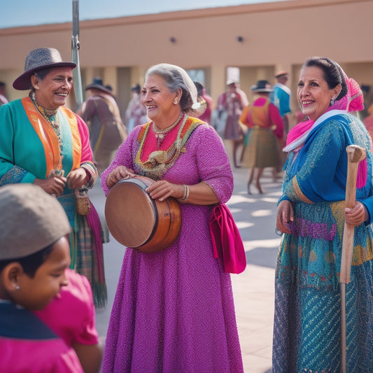 Vibrant colors: joyful Oropeza students in traditional attire, dancing, playing instruments, and smiling, surrounded by delighted seniors with walkers and canes, in a warm, sunlit community center.