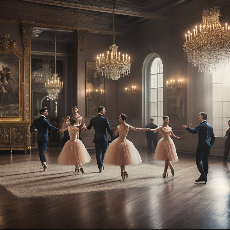 A nostalgic dance studio setting with antique wooden floors, ornate mirrors, and vintage dance posters, filled with elegant dancers in flowing tutus and gentlemen in tailcoats, surrounded by soft, warm lighting.