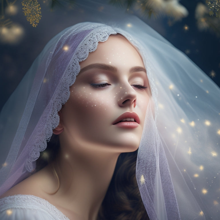 A whimsical, dreamy illustration featuring a delicate, lace-trimmed veil suspended in mid-air, surrounded by twinkling stars, soft petals, and subtle, shimmering sparks.