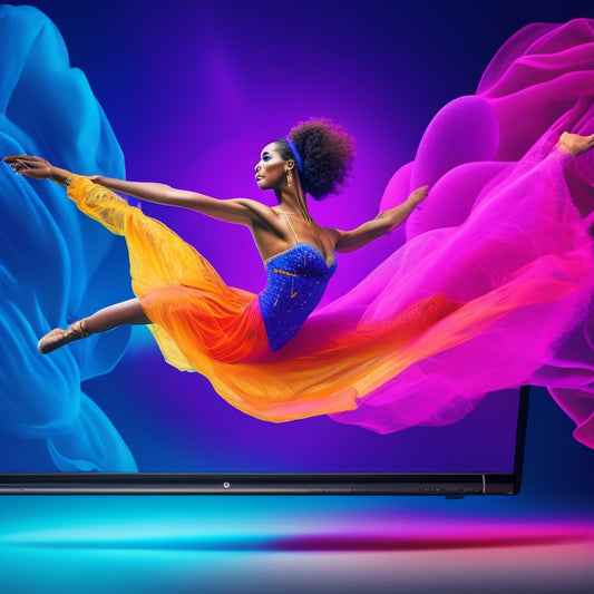 A vibrant illustration of a dancer in mid-pose, surrounded by swirling laptop screens and musical notes, blending physical movement with digital connectivity.